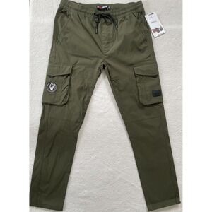 Akademiks Cargo Pants Mens Large Army Green Tapered Drawstring Nylon Pockets